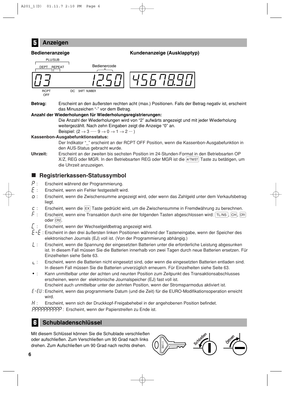 Schubladenschlüssel, Registrierkassen-statussymbol, Anzeigen | Sharp XE-A201 User Manual | Page 76 / 276
