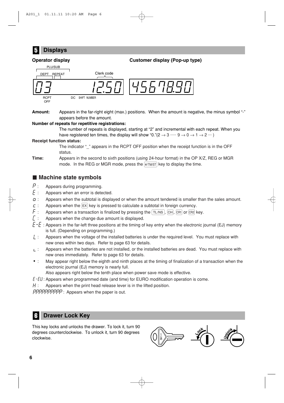 Drawer lock key, Machine state symbols, Displays | Sharp XE-A201 User Manual | Page 8 / 276