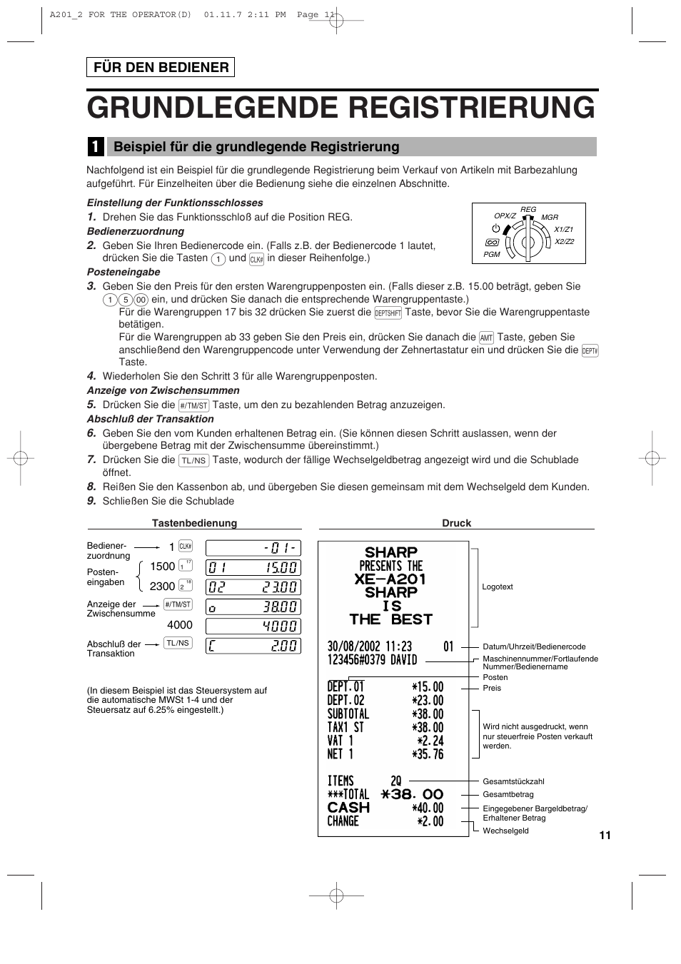 Grundlegende registrierung, Beispiel für die grundlegende registrierung, Für den bediener | Sharp XE-A201 User Manual | Page 81 / 276