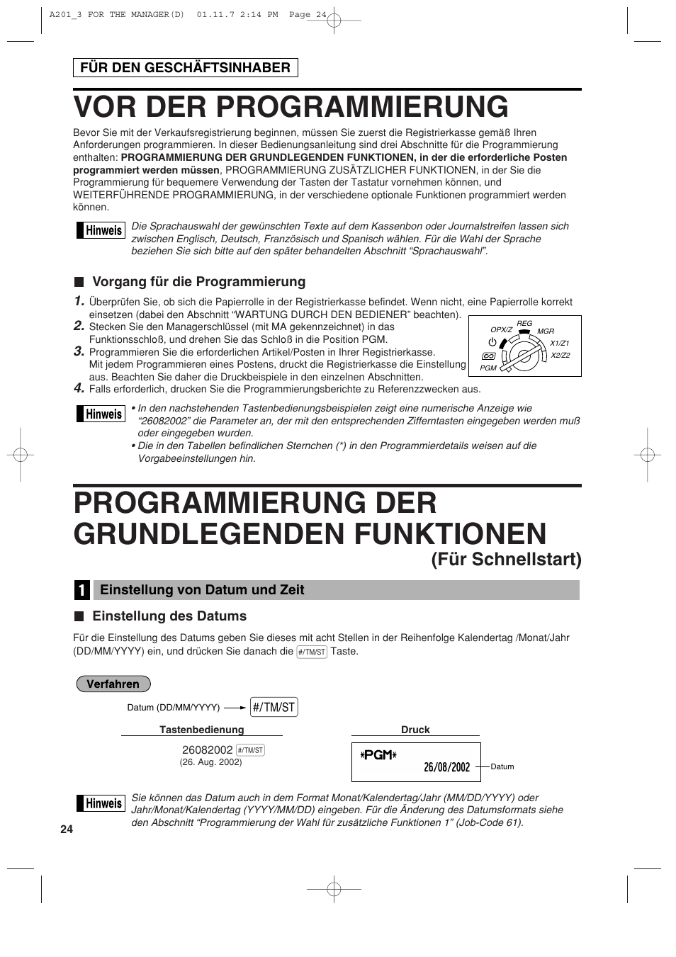 Vor der programmierung, Programmierung der grundlegenden funktionen, Für schnellstart) | Sharp XE-A201 User Manual | Page 94 / 276