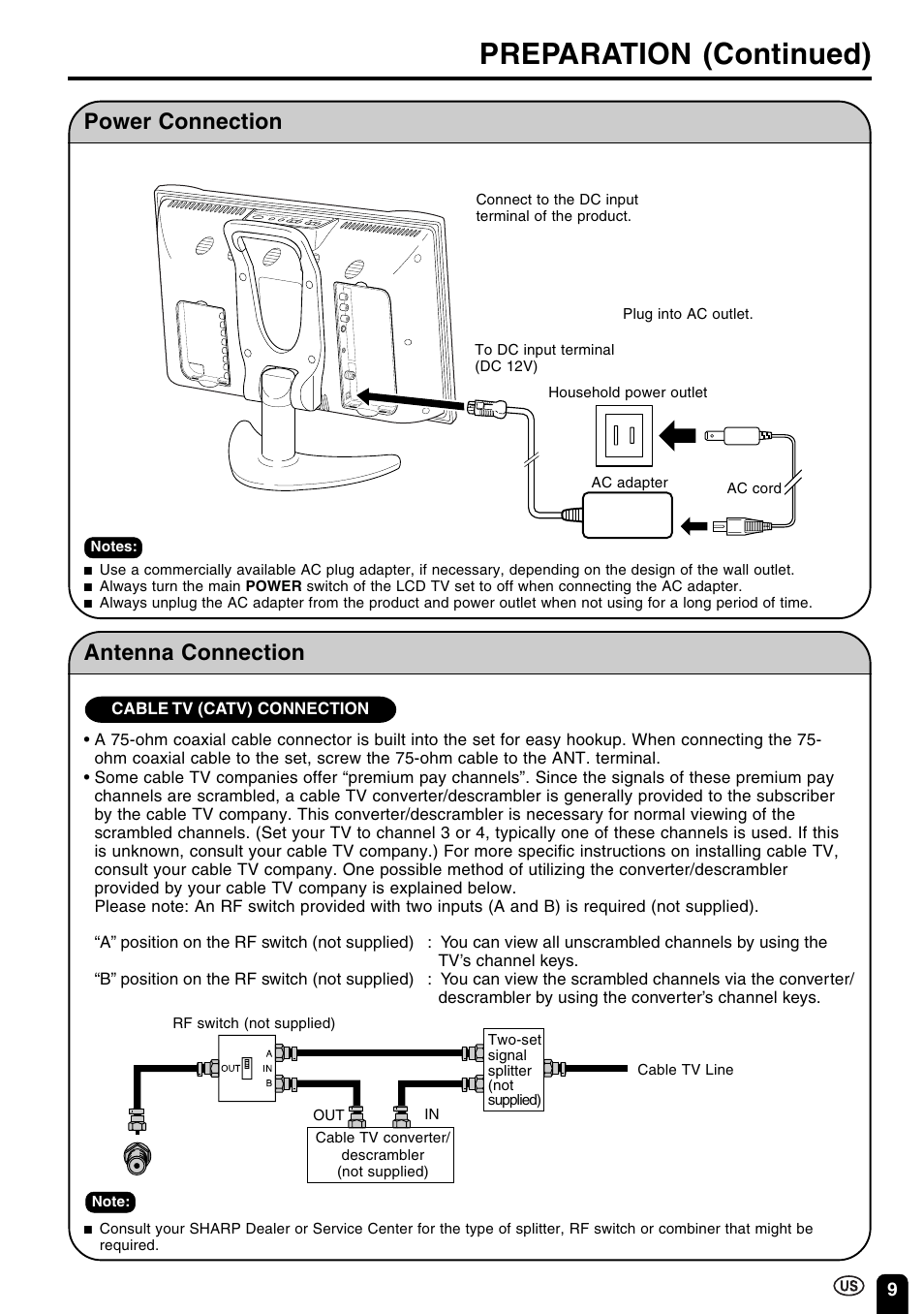Preparation (continued), Power connection, Antenna connection | Sharp Aquos LC 15B2UA User Manual | Page 10 / 45