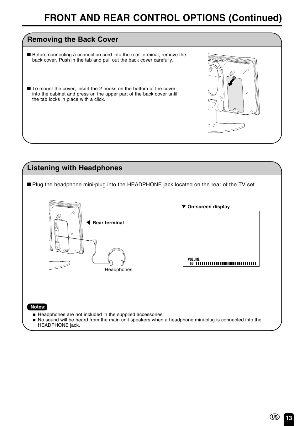 Front and rear control options (continued), Listening with headphones, Removing the back cover | Sharp Aquos LC 15B2UA User Manual | Page 14 / 45