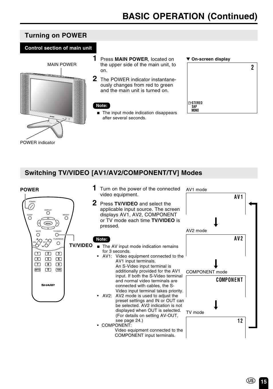 Basic operation (continued), Turning on power, Switching tv/video [av1/av2/component/tv] modes | Sharp Aquos LC 15B2UA User Manual | Page 16 / 45