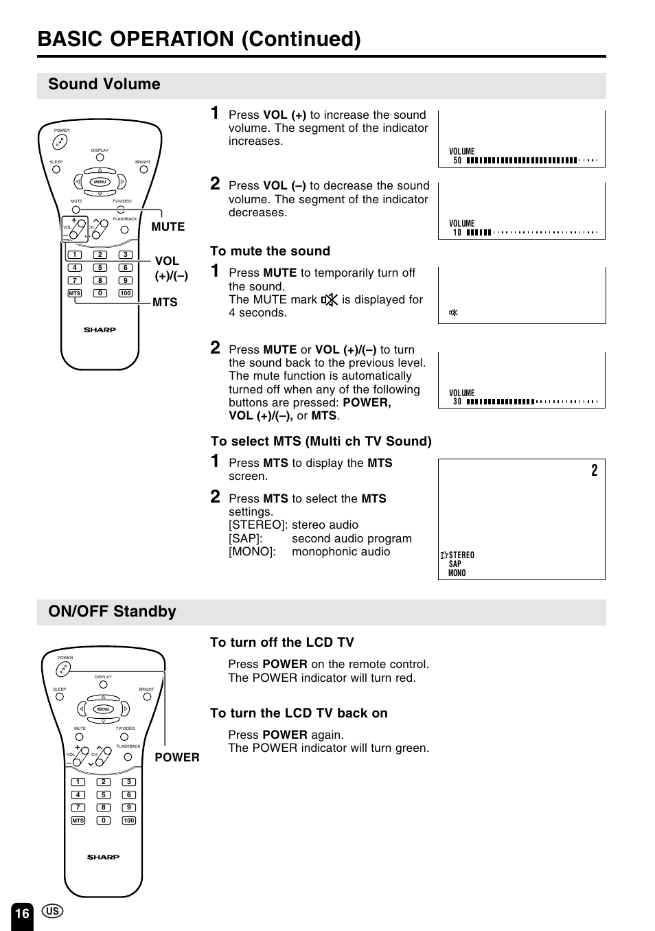 Basic operation (continued), Sound volume on/off standby, Press mts to display the mts screen | Sharp Aquos LC 15B2UA User Manual | Page 17 / 45