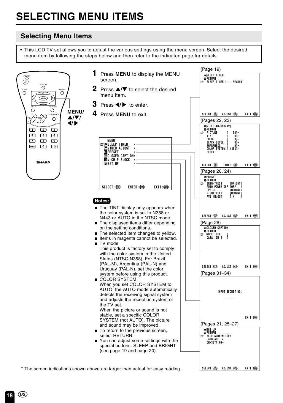 Selecting menu items, Press menu to display the menu screen, Press ] / [ to select the desired menu item | Press < / > to enter, Press menu to exit, Menu, The selected item changes to yellow, Items in magenta cannot be selected | Sharp Aquos LC 15B2UA User Manual | Page 19 / 45
