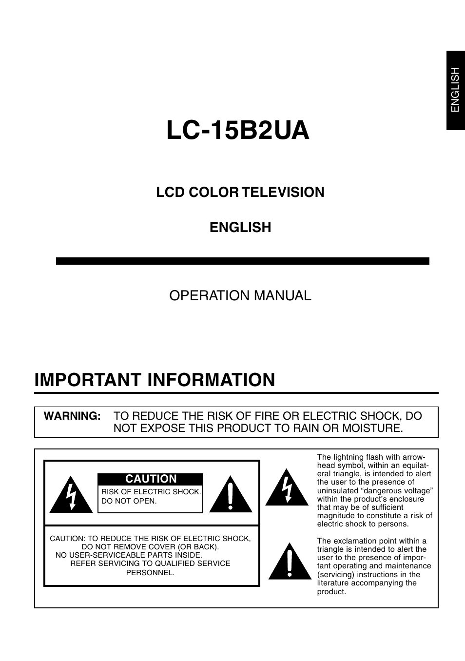 Lc-15b2ua, Important information, Lcd color television operation manual english | Sharp Aquos LC 15B2UA User Manual | Page 2 / 45
