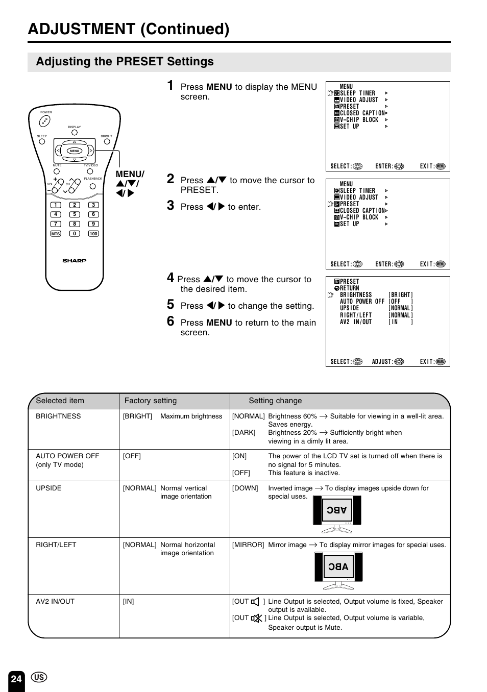 Adjustment (continued), Adjusting the preset settings, Press menu to display the menu screen | Press ] / [ to move the cursor to preset, Press < / > to enter, Press ] / [ to move the cursor to the desired item, Press < / > to change the setting, Press menu to return to the main screen, Menu | Sharp Aquos LC 15B2UA User Manual | Page 25 / 45