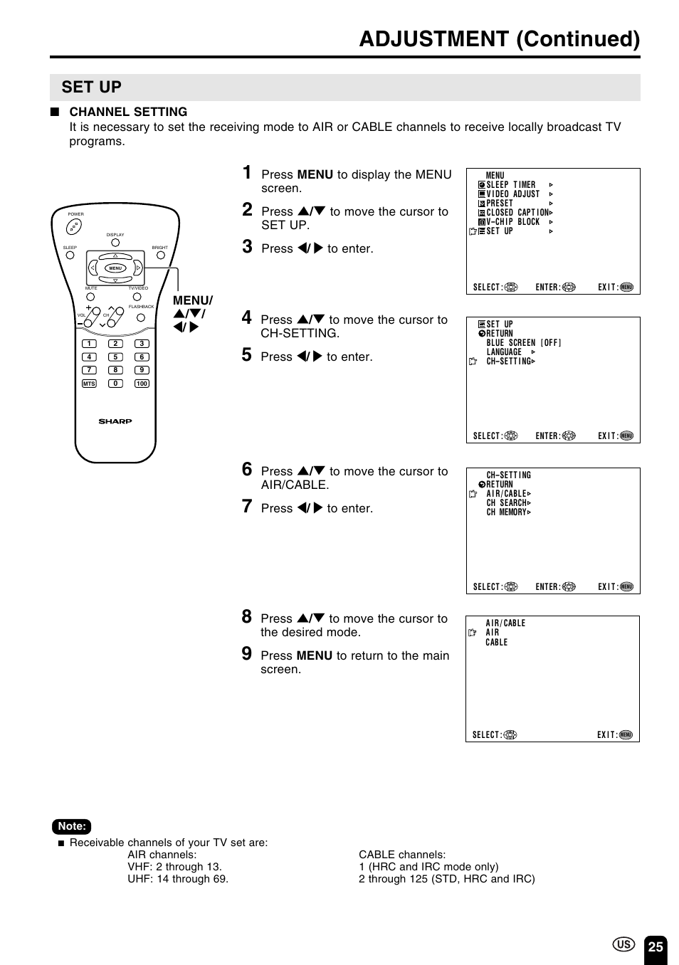 Adjustment (continued), Set up, Press menu to display the menu screen | Press ] / [ to move the cursor to set up, Press < / > to enter, Press ] / [ to move the cursor to ch-setting, Press ] / [ to move the cursor to air/cable, Press ] / [ to move the cursor to the desired mode, Press menu to return to the main screen, Menu | Sharp Aquos LC 15B2UA User Manual | Page 26 / 45