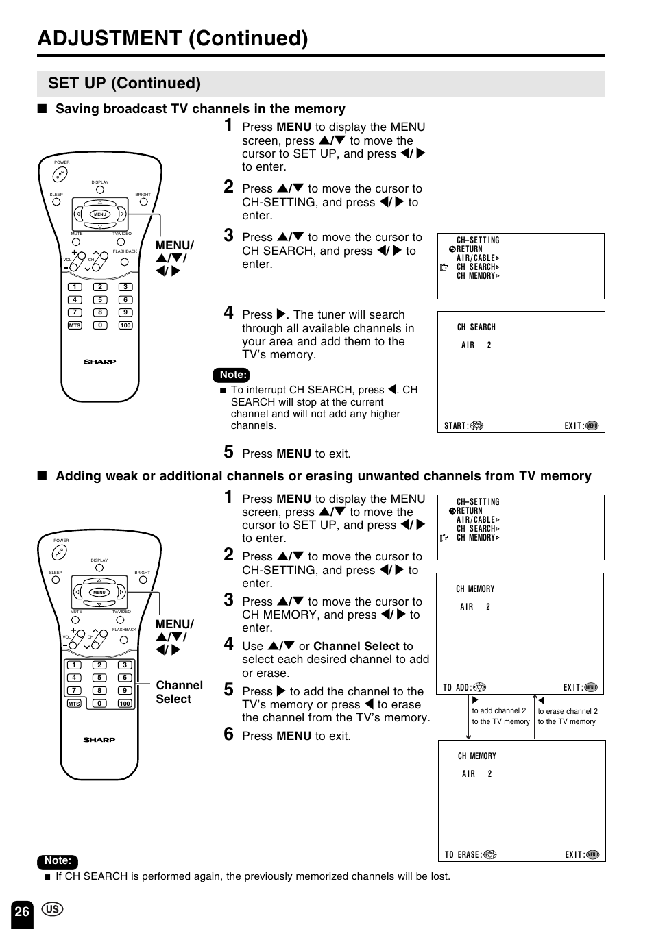 Adjustment (continued), Set up (continued), Press menu to exit | Menu, Menu/ ] / [ / < / > channel select | Sharp Aquos LC 15B2UA User Manual | Page 27 / 45