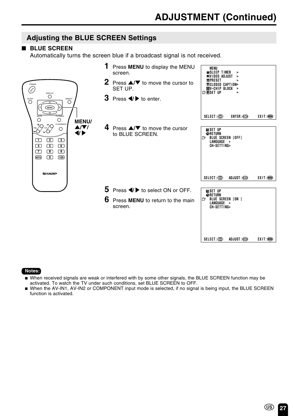 Adjustment (continued), Adjusting the blue screen settings, Press menu to display the menu screen | Press ] / [ to move the cursor to set up, Press < / > to enter, Press ] / [ to move the cursor to blue screen, Press < / > to select on or off, Press menu to return to the main screen, Menu | Sharp Aquos LC 15B2UA User Manual | Page 28 / 45