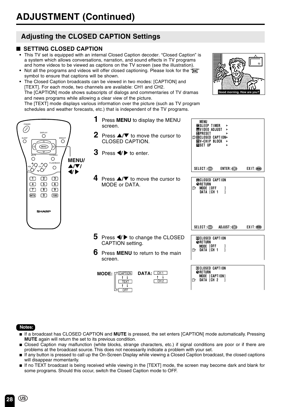 Adjustment (continued), Adjusting the closed caption settings, Setting closed caption | Press menu to display the menu screen, Press ] / [ to move the cursor to closed caption, Press < / > to enter, Press ] / [ to move the cursor to mode or data, Press < / > to change the closed caption setting, Press menu to return to the main screen, Menu | Sharp Aquos LC 15B2UA User Manual | Page 29 / 45