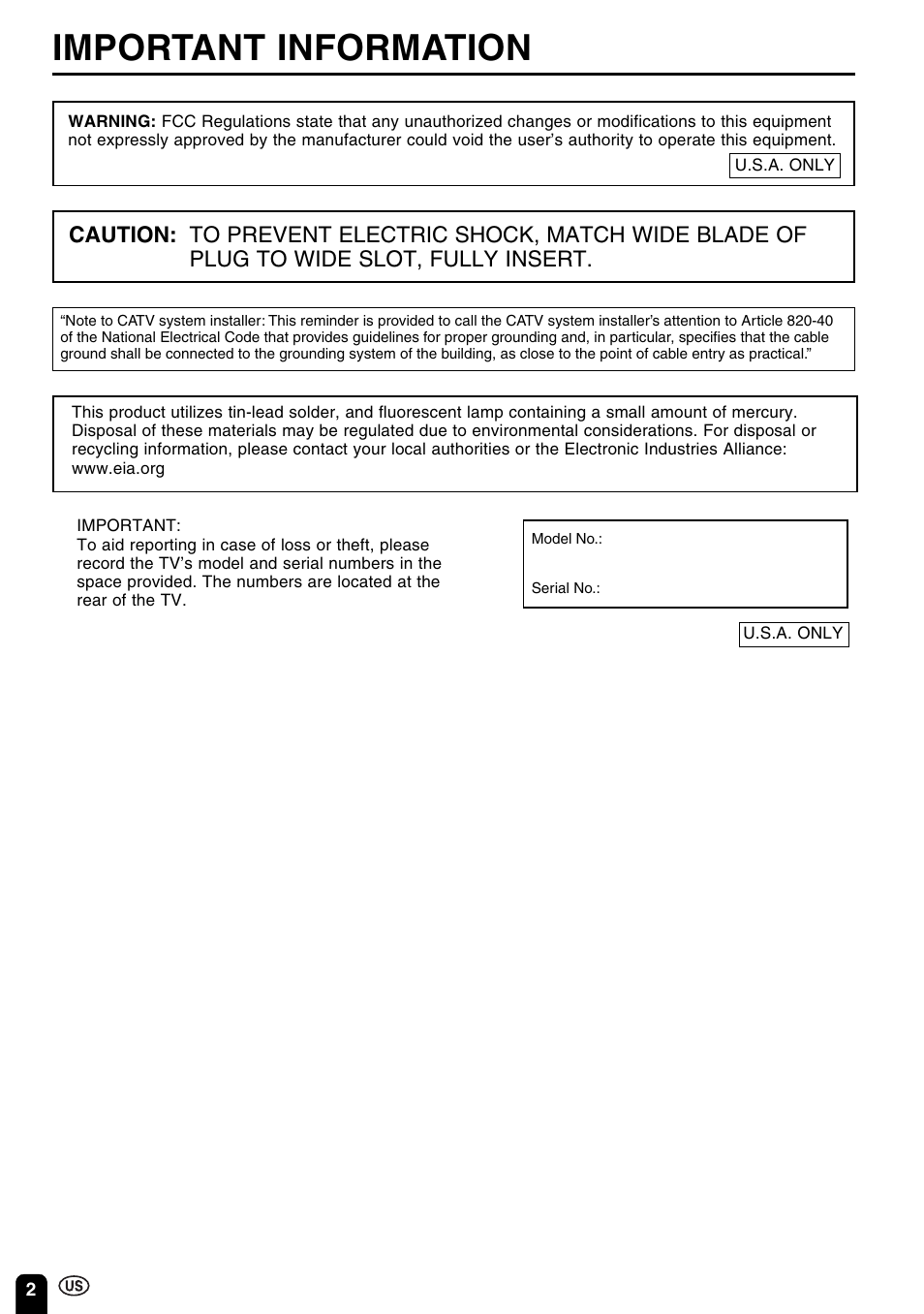 Important information | Sharp Aquos LC 15B2UA User Manual | Page 3 / 45