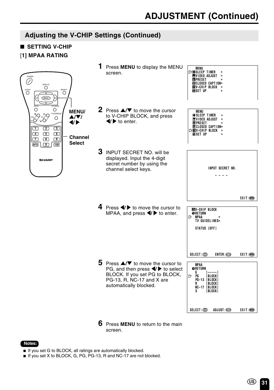 Adjustment (continued), Adjusting the v-chip settings (continued), 31 [ 1] mpaa rating ■ setting v-chip | Press menu to return to the main screen, Press menu to display the menu screen, Menu/ ] / [ / < / > channel select | Sharp Aquos LC 15B2UA User Manual | Page 32 / 45