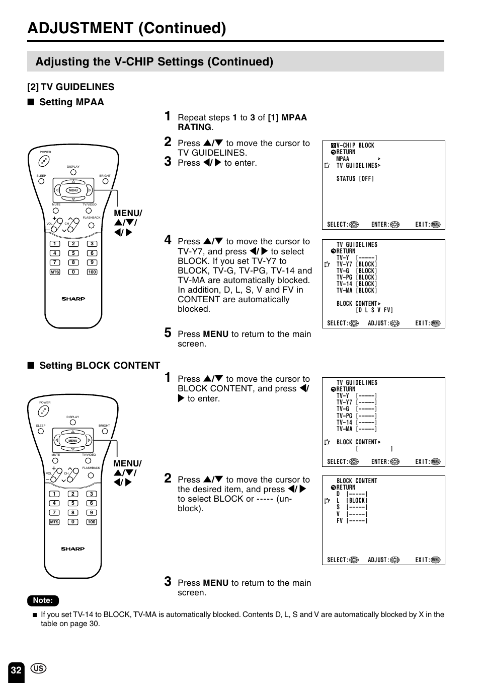 Adjustment (continued), Parent control (v-chip operation continued), Adjusting the v-chip settings (continued) | 32 [2] tv guidelines, Setting mpaa ■ setting block content, Repeat steps 1 to 3 of [1] mpaa rating, Press ] / [ to move the cursor to tv guidelines, Press < / > to enter, Press menu to return to the main screen, Menu | Sharp Aquos LC 15B2UA User Manual | Page 33 / 45