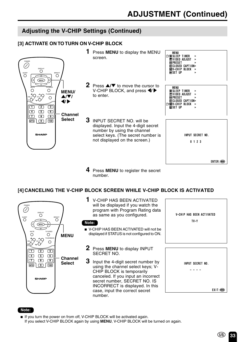 Adjustment (continued), Adjusting the v-chip settings (continued), 33 [3] activate on to turn on v-chip block | Press menu to display the menu screen, Press menu to display input secret no, Menu/ ] / [ / < / > channel select, Press menu to register the secret number, Menu channel select | Sharp Aquos LC 15B2UA User Manual | Page 34 / 45