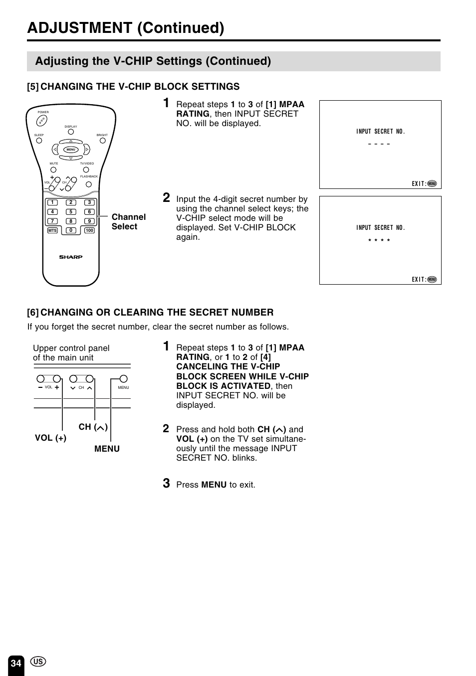 Adjustment (continued), Adjusting the v-chip settings (continued), 34 [5] changing the v-chip block settings | 6] changing or clearing the secret number, Press menu to exit | Sharp Aquos LC 15B2UA User Manual | Page 35 / 45