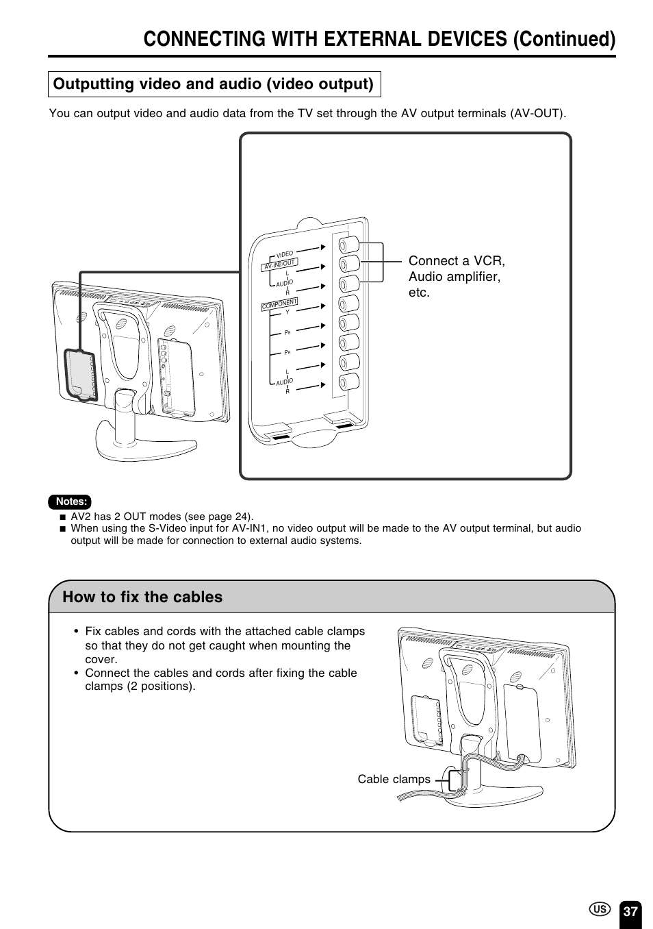Connecting with external devices (continued), Outputting video and audio (video output), How to fix the cables | Connect a vcr, audio amplifier, etc, Cable clamps | Sharp Aquos LC 15B2UA User Manual | Page 38 / 45