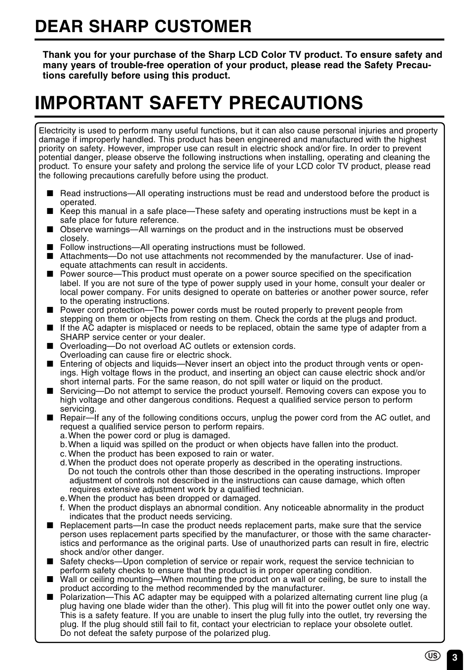 Important safety precautions, Dear sharp customer | Sharp Aquos LC 15B2UA User Manual | Page 4 / 45
