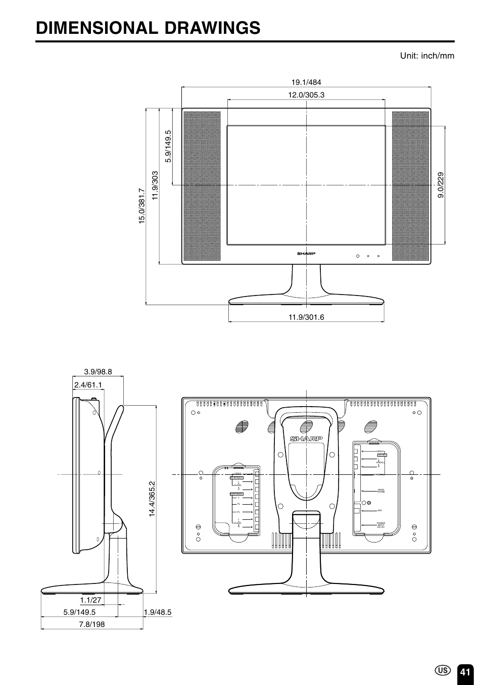 Dimensional drawings, Unit: inch/mm | Sharp Aquos LC 15B2UA User Manual | Page 42 / 45