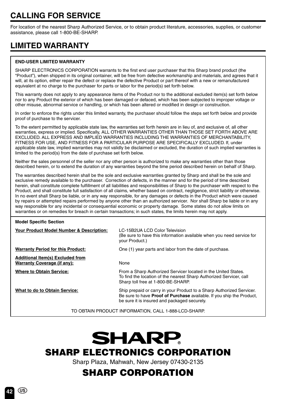 Sharp electronics corporation, Sharp corporation, Limited warranty | Calling for service | Sharp Aquos LC 15B2UA User Manual | Page 43 / 45