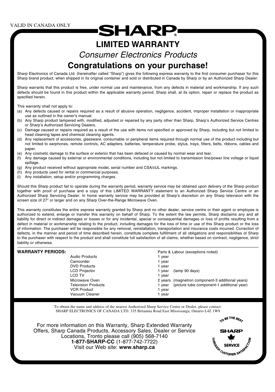 Consumer electronics products, Limited warranty | Sharp Aquos LC 15B2UA User Manual | Page 44 / 45