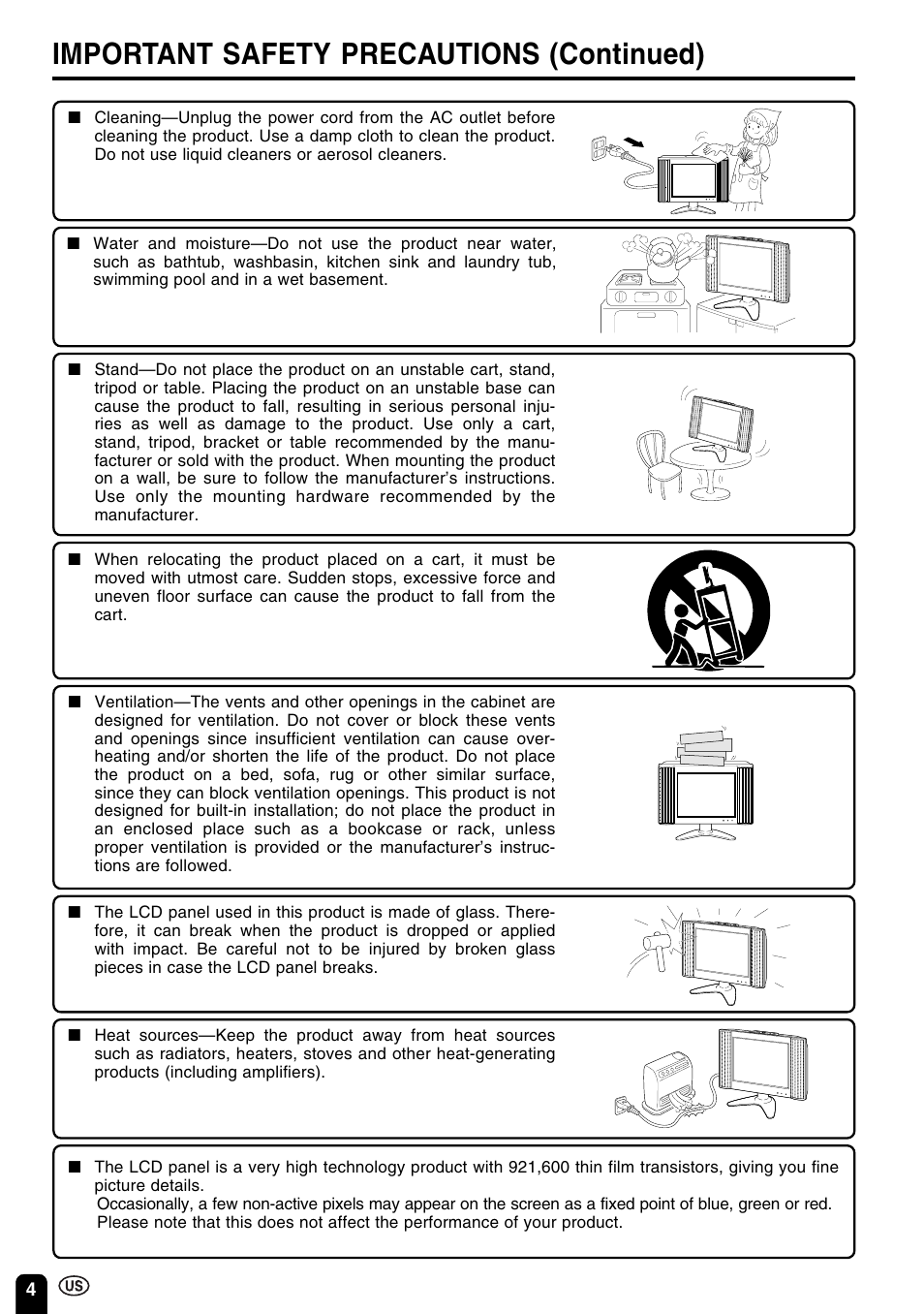 Important safety precautions (continued) | Sharp Aquos LC 15B2UA User Manual | Page 5 / 45