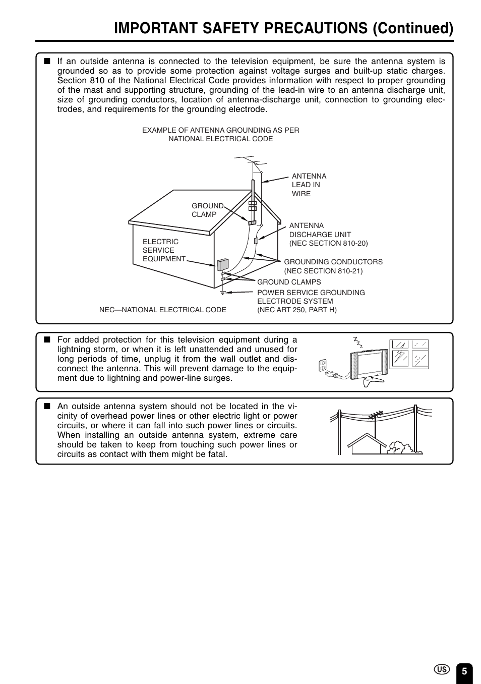 Important safety precautions (continued) | Sharp Aquos LC 15B2UA User Manual | Page 6 / 45