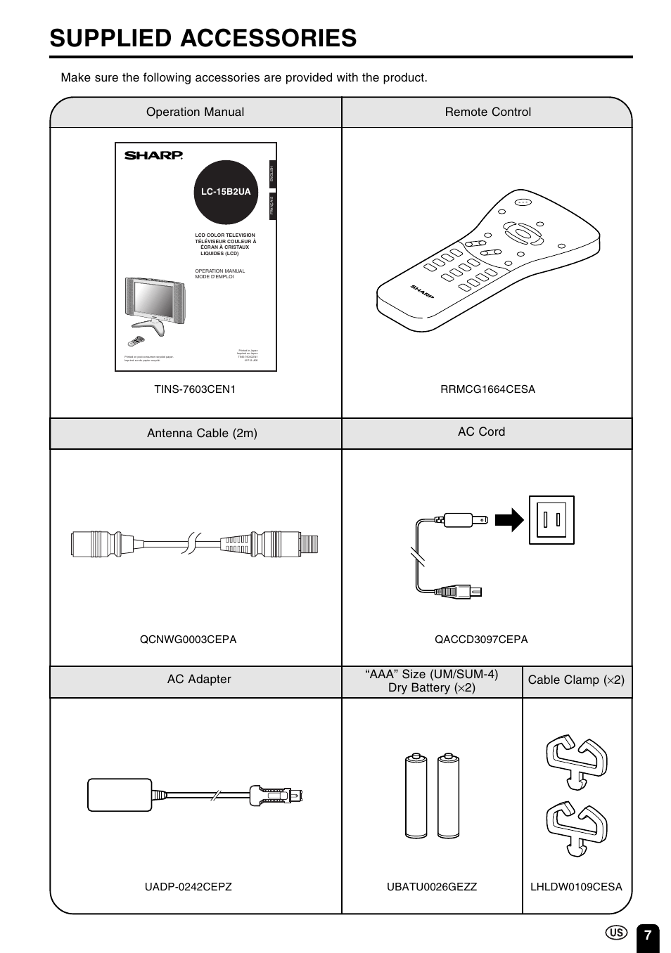 Supplied accessories, Cable clamp ( ×2) | Sharp Aquos LC 15B2UA User Manual | Page 8 / 45