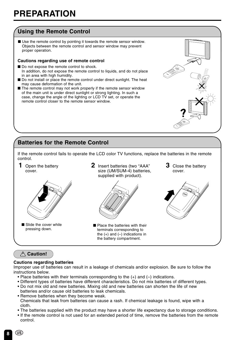 Preparation, Batteries for the remote control, Using the remote control | Sharp Aquos LC 15B2UA User Manual | Page 9 / 45