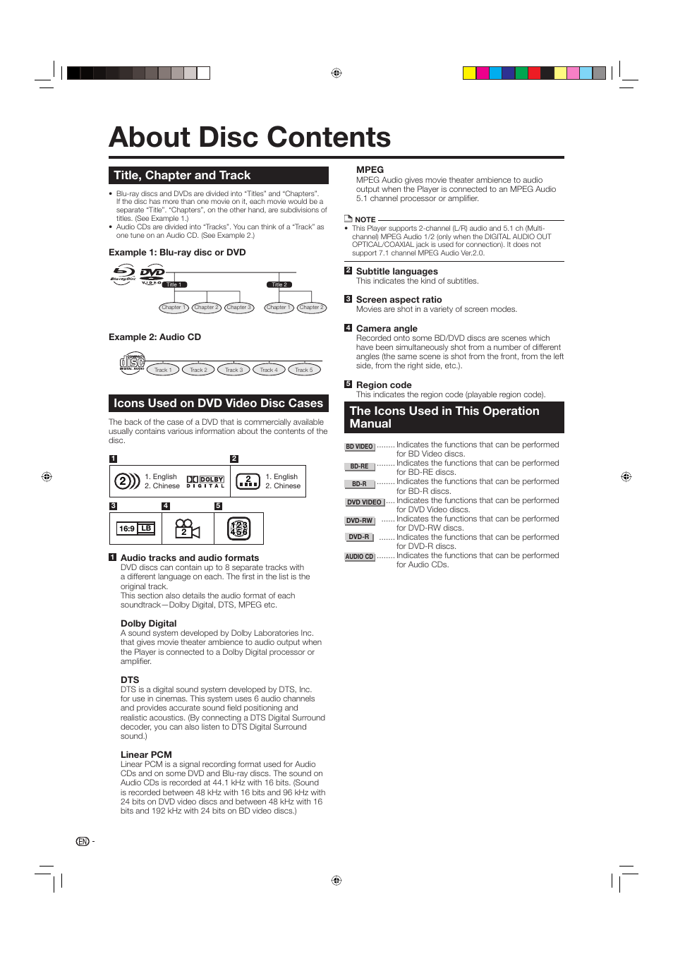 About disc contents, Title, chapter and track, Icons used on dvd video disc cases | The icons used in this operation manual | Sharp BD-HP20U User Manual | Page 10 / 58