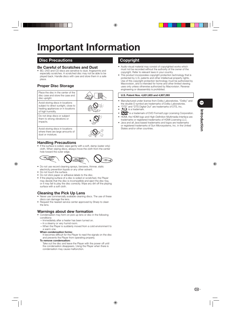 Important information, Disc precautions, Copyright | Be careful of scratches and dust, Proper disc storage, Handling precautions, Cleaning the pick up lens, Warnings about dew formation, Intr oduction | Sharp BD-HP20U User Manual | Page 11 / 58