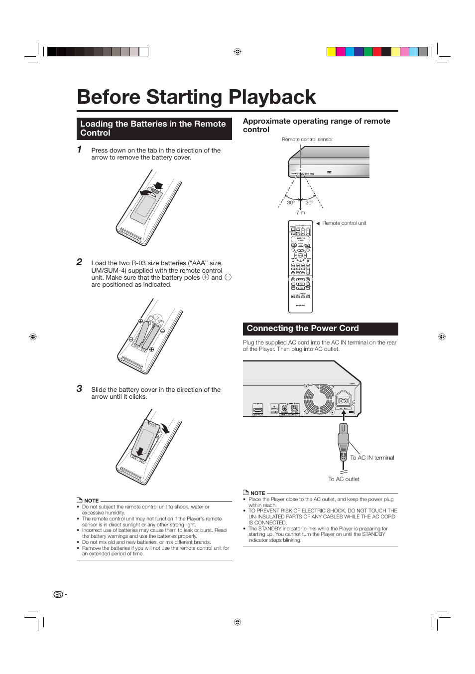 Disc playback, Before starting playback, Loading the batteries in the remote control | Connecting the power cord | Sharp BD-HP20U User Manual | Page 22 / 58