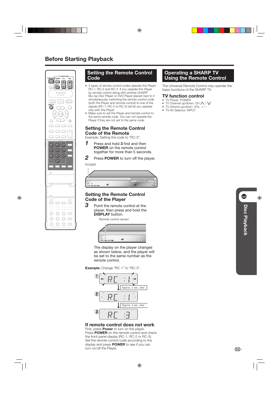 Setting the remote control code, Operating a sharp tv using the remote control, Before starting playback | Sharp BD-HP20U User Manual | Page 23 / 58