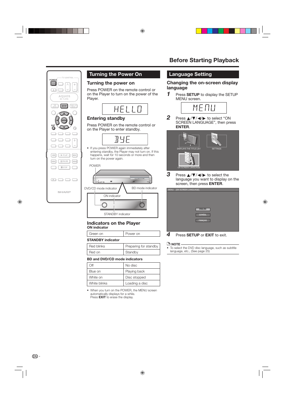 Turning the power on, Language setting, Before starting playback | Changing the on-screen display language, Indicators on the player, Entering standby | Sharp BD-HP20U User Manual | Page 24 / 58