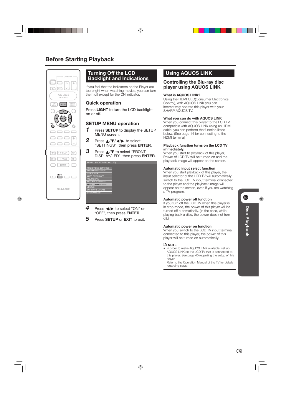 Turning off the lcd backlight and indications, Using aquos link, Before starting playback | Sharp BD-HP20U User Manual | Page 25 / 58