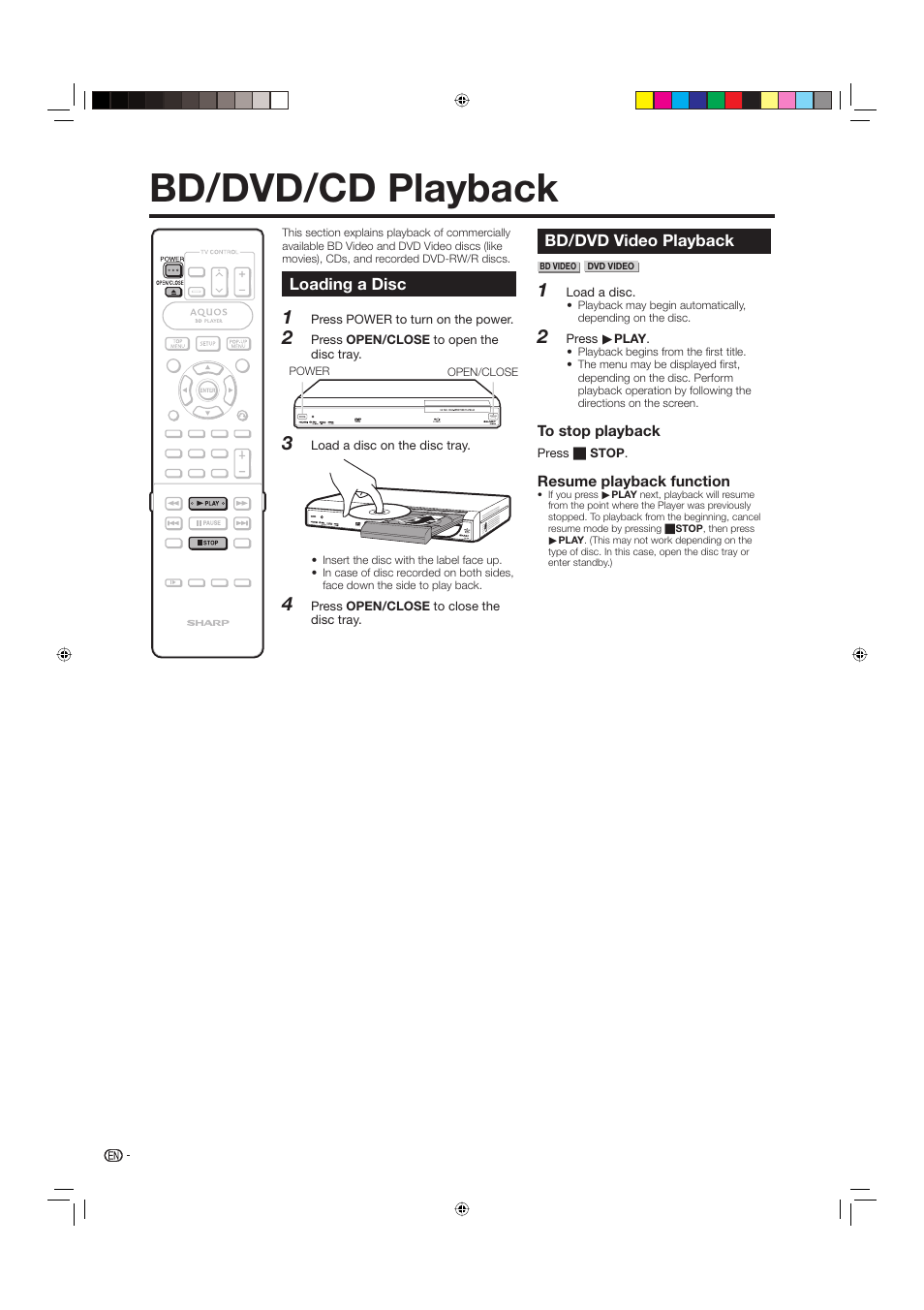 Bd/dvd/cd playback, Loading a disc, Bd/dvd video playback | Sharp BD-HP20U User Manual | Page 26 / 58