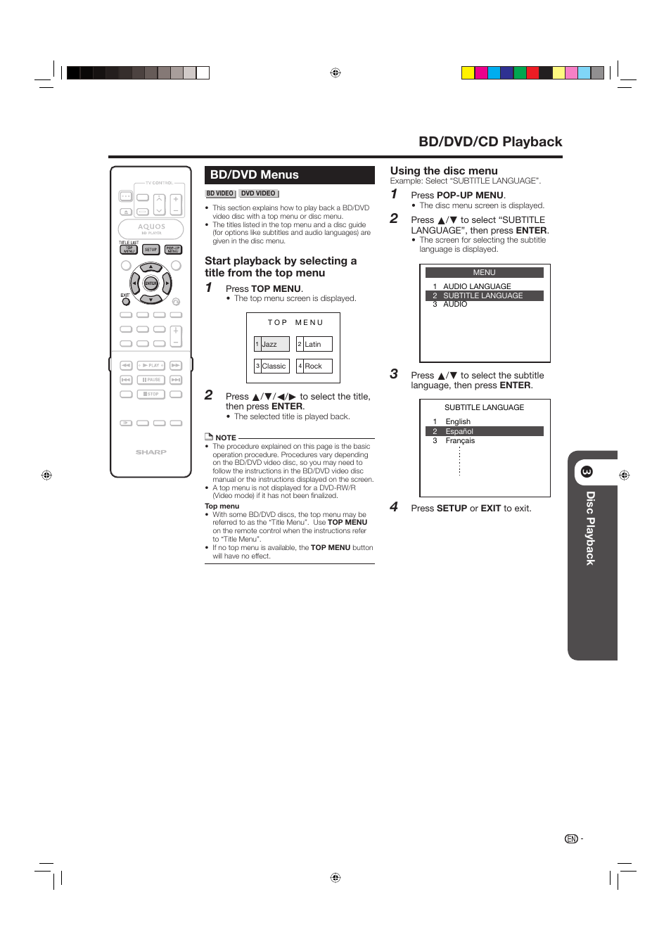 Bd/dvd menus, Bd/dvd/cd playback | Sharp BD-HP20U User Manual | Page 27 / 58