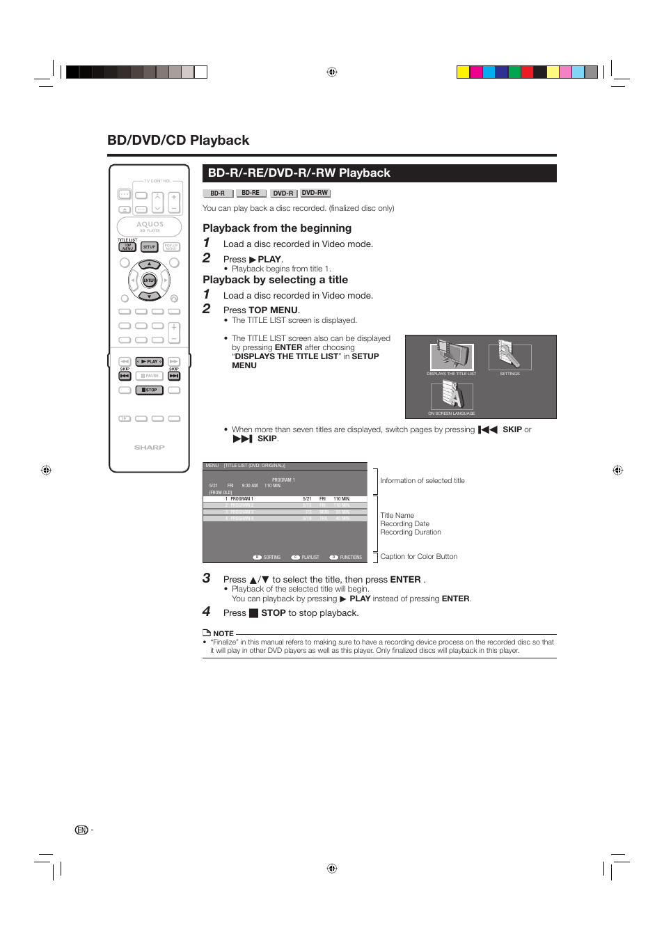 Bd-r/-re/dvd-r/-rw playback, Bd/dvd/cd playback, Playback from the beginning | Playback by selecting a title | Sharp BD-HP20U User Manual | Page 28 / 58