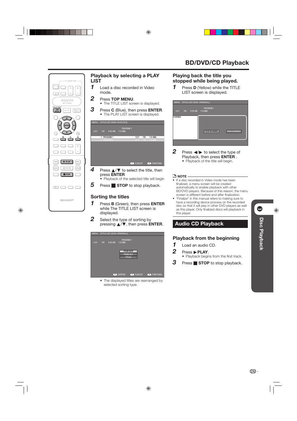 Audio cd playback, 45 bd/dvd/cd playback, Disc playback | Playback by selecting a play list, Sorting the titles, Playback from the beginning | Sharp BD-HP20U User Manual | Page 29 / 58