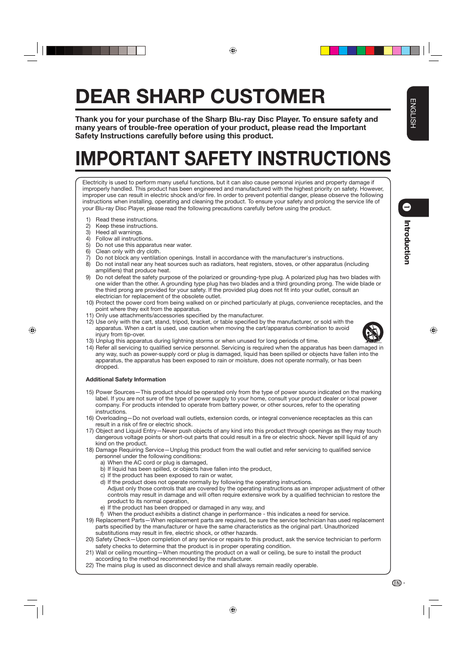 Dear sharp customer, Important safety instructions | Sharp BD-HP20U User Manual | Page 3 / 58