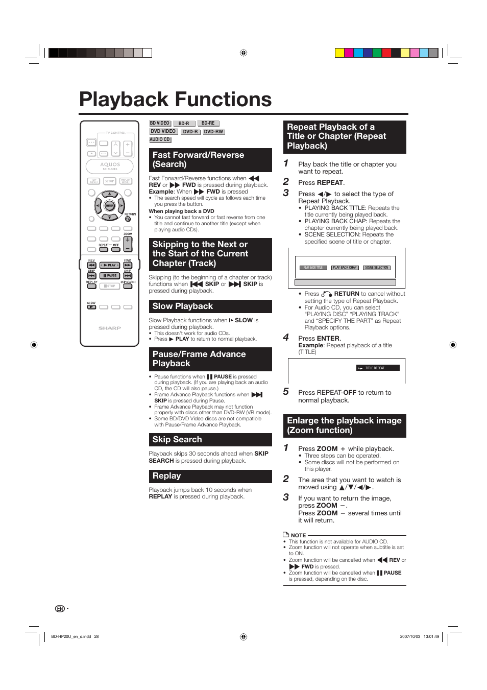 Playback functions, Fast forward/reverse (search), Slow playback | Pause/frame advance playback, Skip search, Replay, Enlarge the playback image (zoom function) | Sharp BD-HP20U User Manual | Page 30 / 58