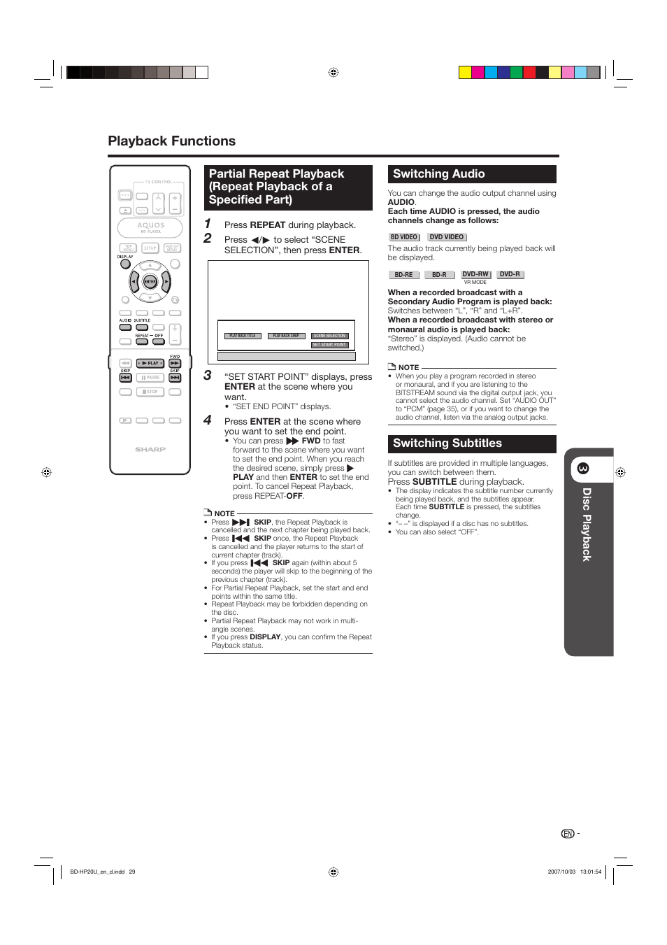 Switching audio, Switching subtitles, Playback functions | Disc playback | Sharp BD-HP20U User Manual | Page 31 / 58