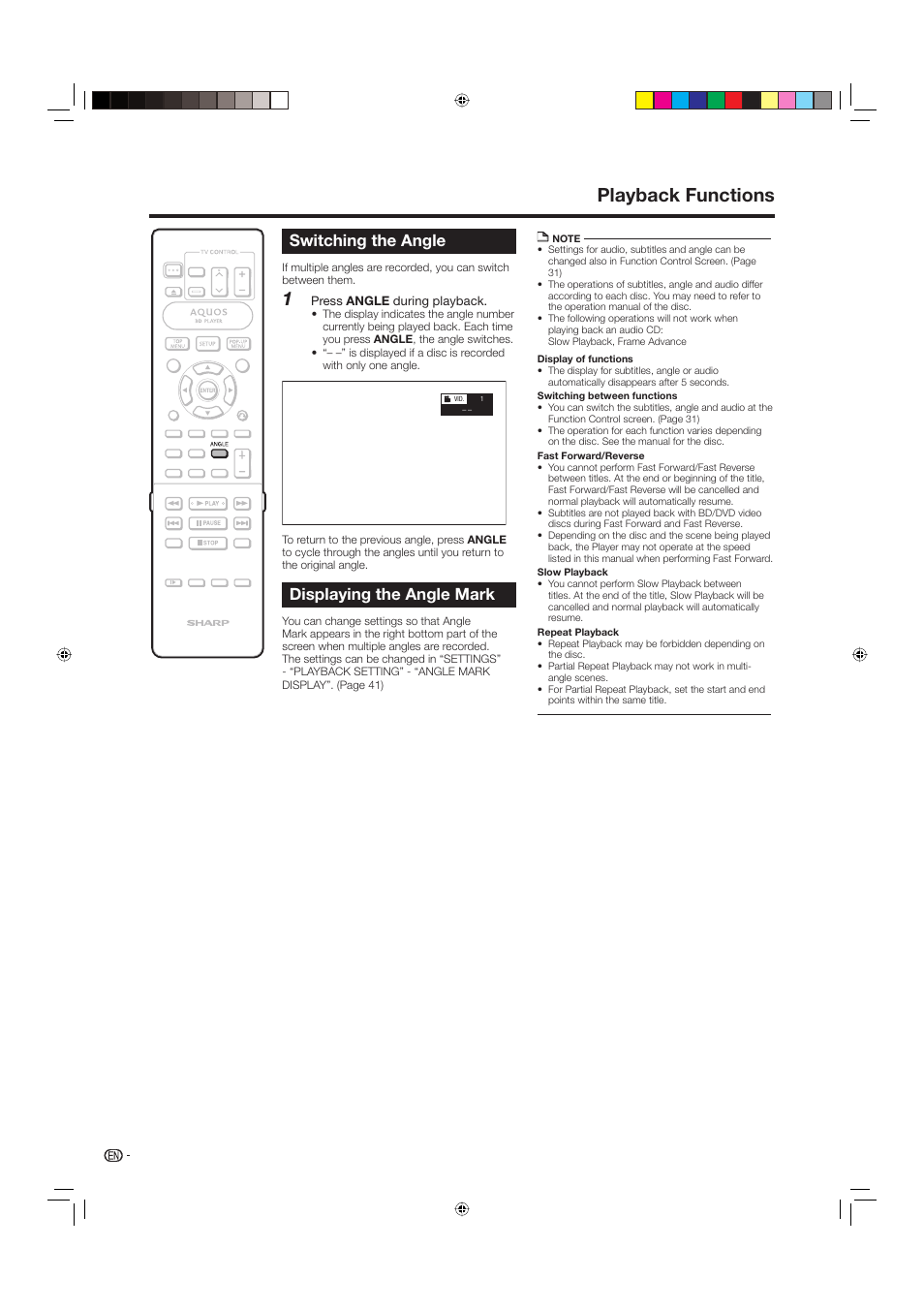 Switching the angle, Displaying the angle mark, Playback functions | Sharp BD-HP20U User Manual | Page 32 / 58