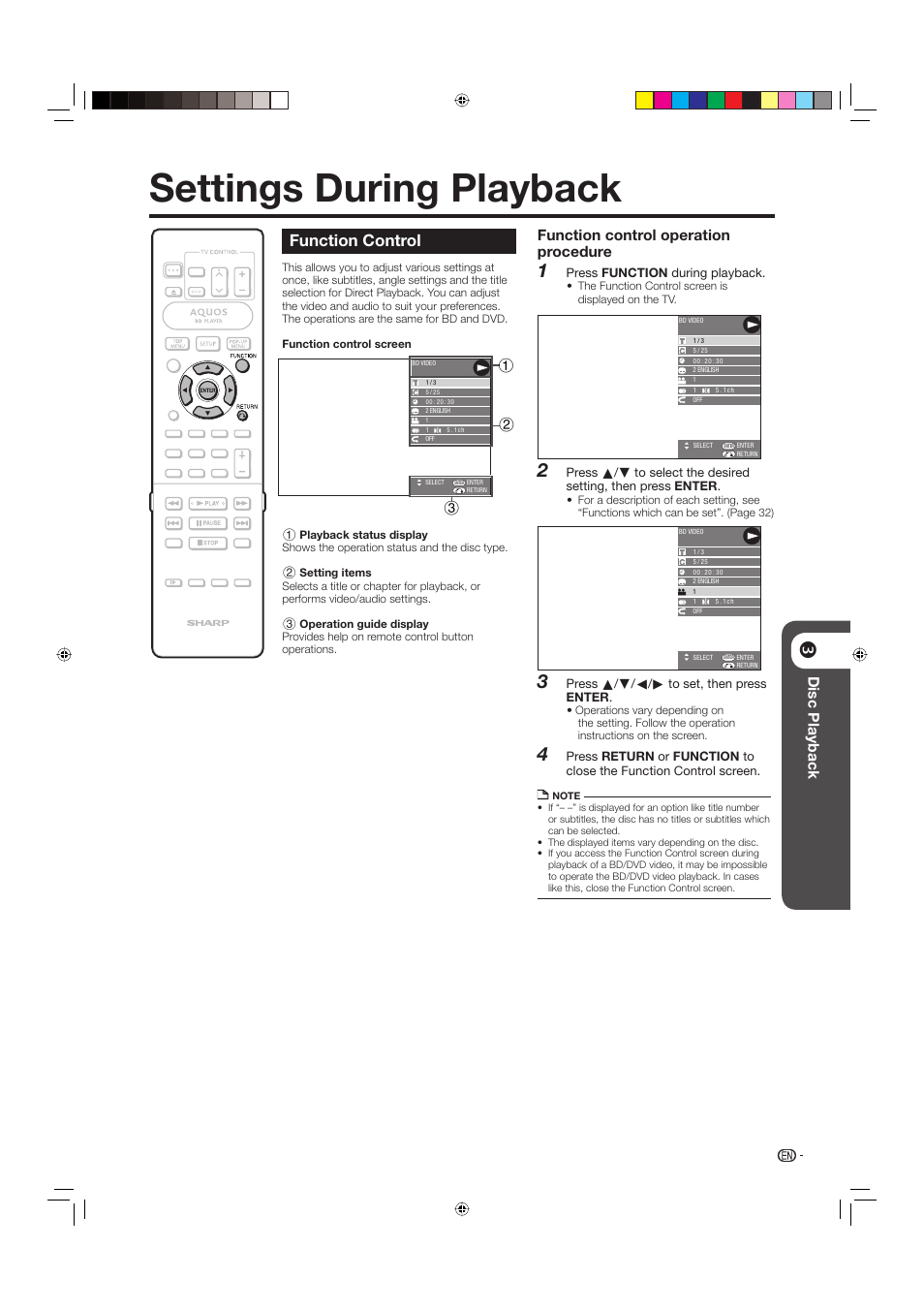 Settings during playback, Function control, Disc playback | Function control operation procedure | Sharp BD-HP20U User Manual | Page 33 / 58