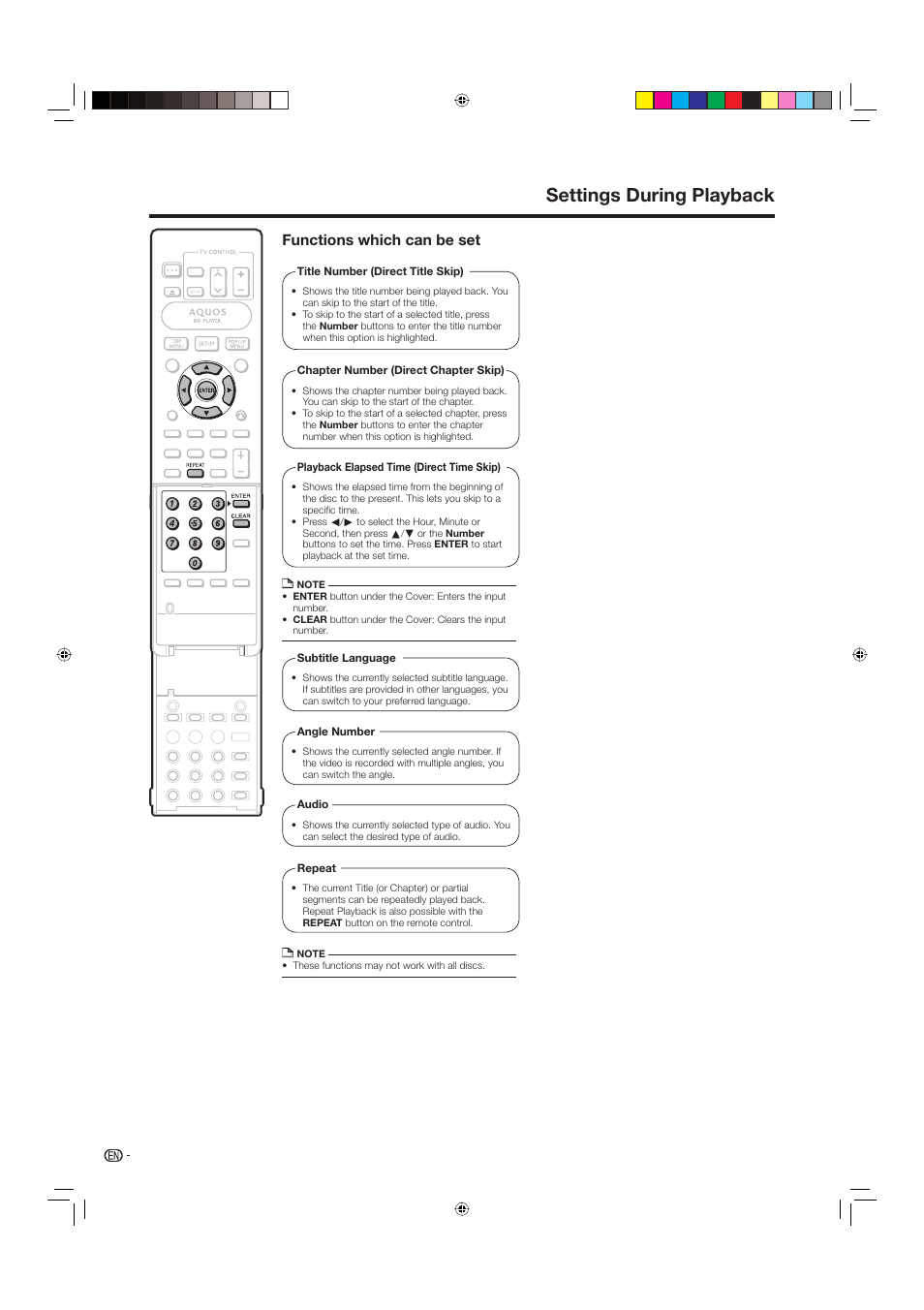 Settings during playback, Functions which can be set | Sharp BD-HP20U User Manual | Page 34 / 58