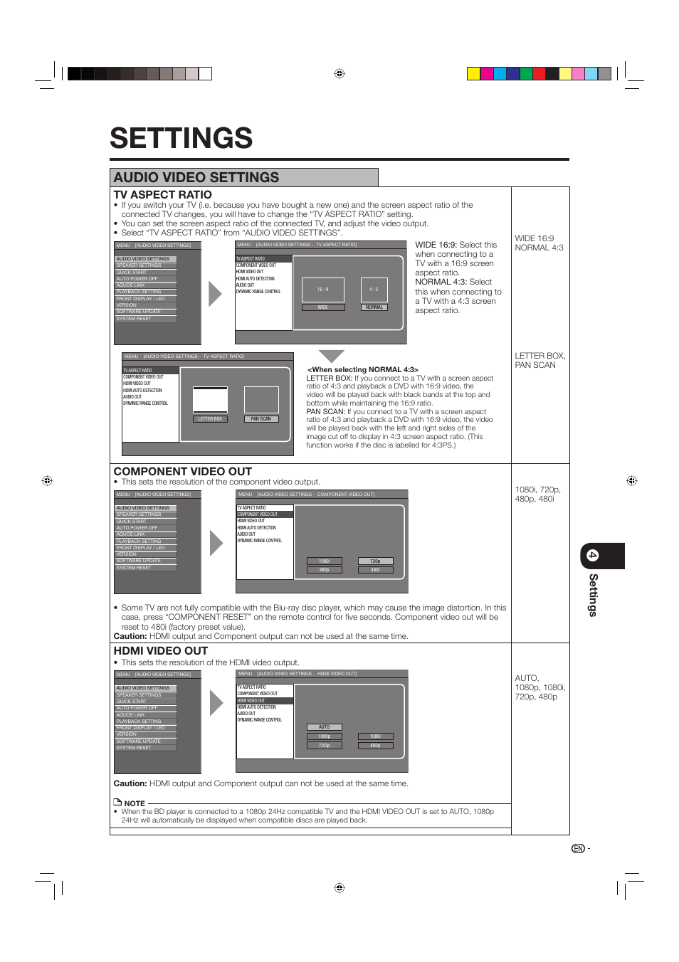 Settings, Audio video settings, Tv aspect ratio | Component video out, Hdmi video out | Sharp BD-HP20U User Manual | Page 35 / 58