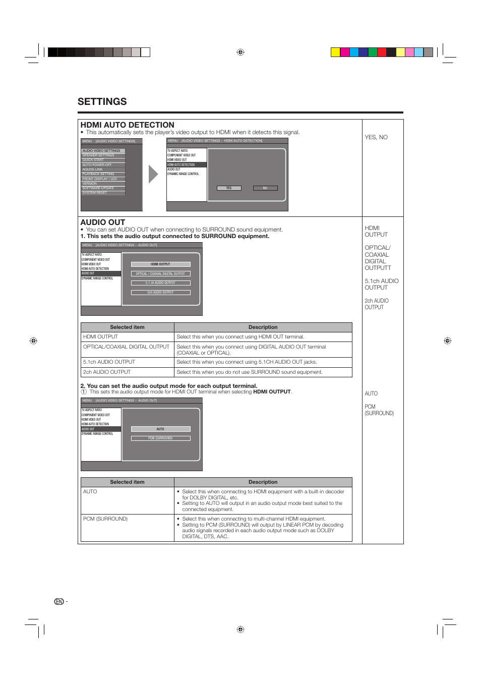 Settings, Hdmi auto detection, Audio out | Sharp BD-HP20U User Manual | Page 36 / 58