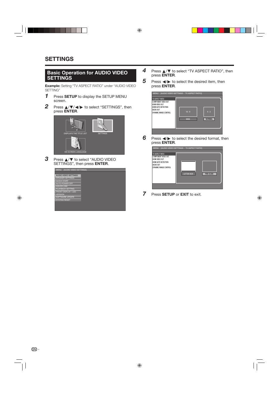 Basic operation for audio video settings, Settings | Sharp BD-HP20U User Manual | Page 38 / 58