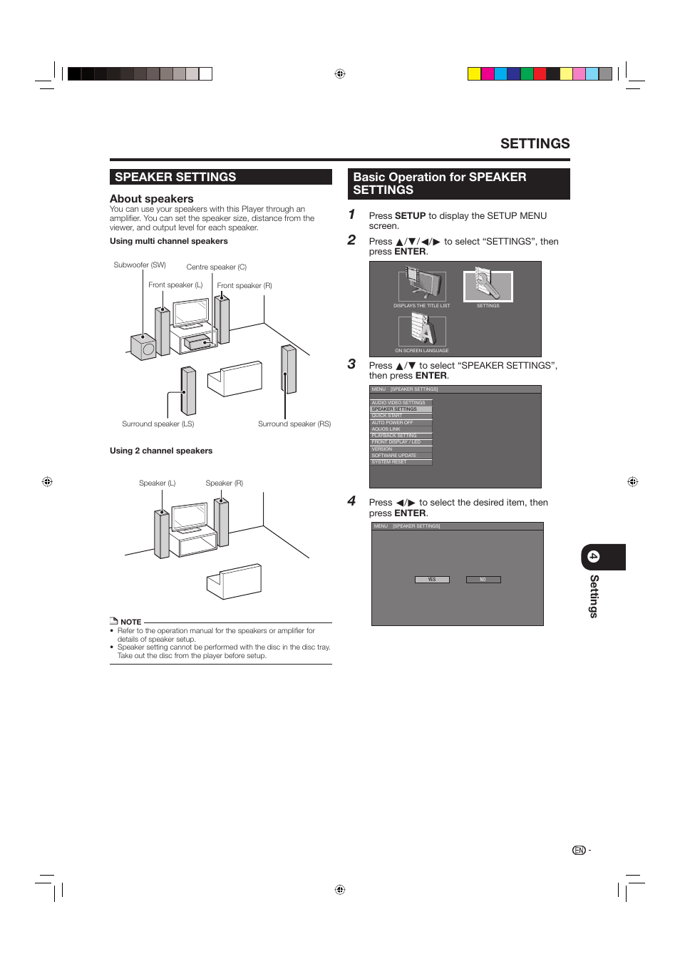 Speaker settings, Basic operation for speaker settings, Settings | About speakers | Sharp BD-HP20U User Manual | Page 39 / 58