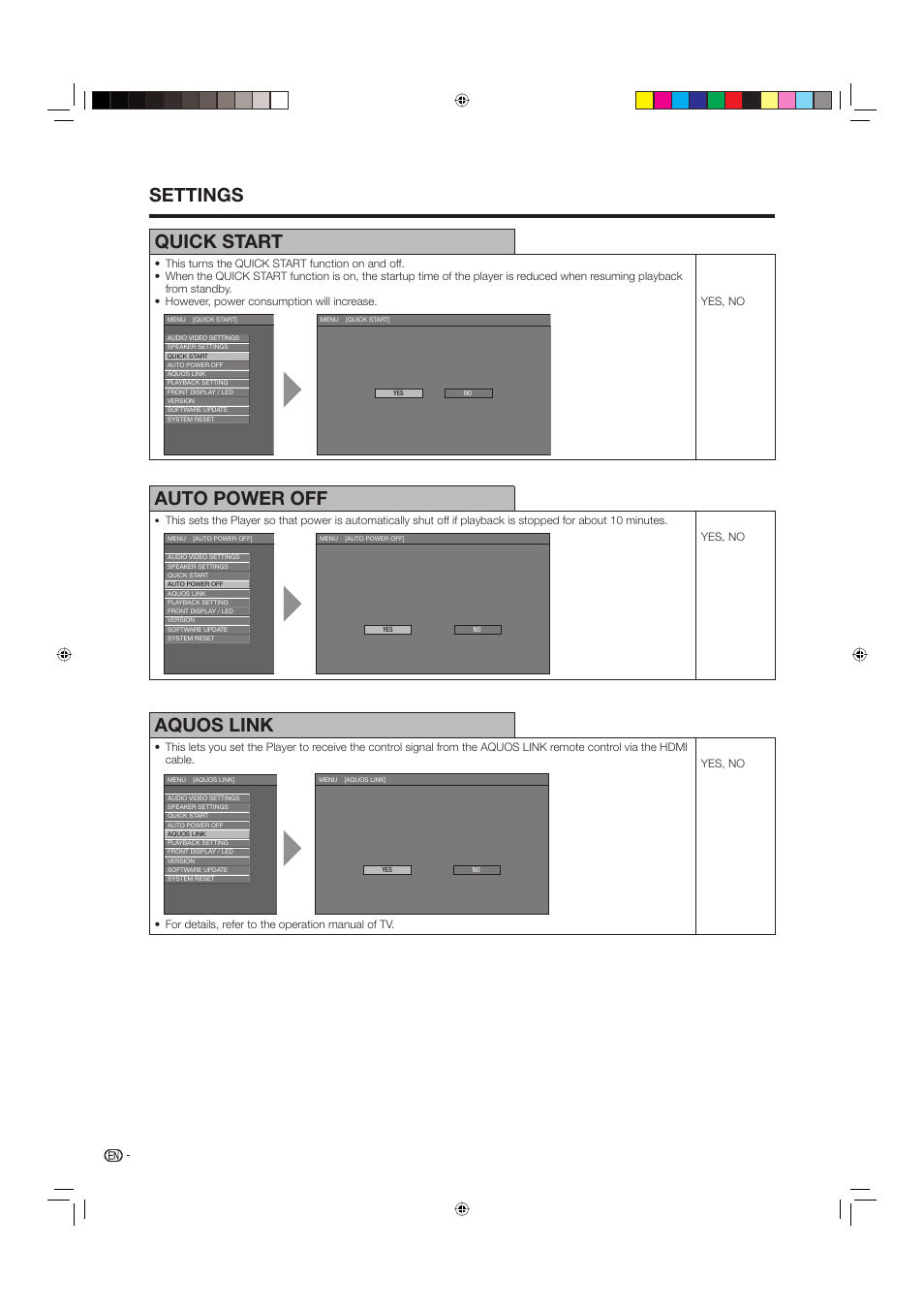 Quick start, Auto power off, Aquos link | Settings | Sharp BD-HP20U User Manual | Page 42 / 58